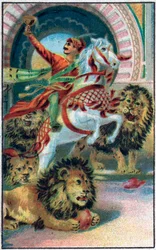 Źródło lwów. Historia księcia Ahmeda i opłaty Paris-Banou (Pari Banou) (Paribanu). Opowieść o 1001 nocy (bajki tysiąca i jednej nocy). Chromolitografia z końca XIX wieku.