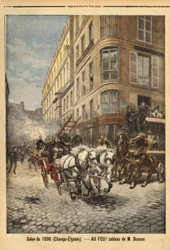 Pompa parowa i pojazdy strażaków w Paryżu, według obrazu pana Bussona. Grawerowanie w „”Le petit journal”” 3/05/1896. Kolekcja Selvy.