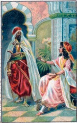 Sułtan i księżniczka. Opowieść „”Historia o zaczarowanym koniu”” w „Tysiąc i jednej nocy” (1001 nocy lub Le mille e una notte, Arabian Nights). Chromolitografia z końca XIX wieku.