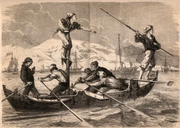 Miecznik łowiący harpunem (pesce spada, miecznik) na wybrzeżu Sycylii we Włoszech w 1862. Rycina w „Le Monde illustrious” z 1862. Ze zbiorów prywatnych.