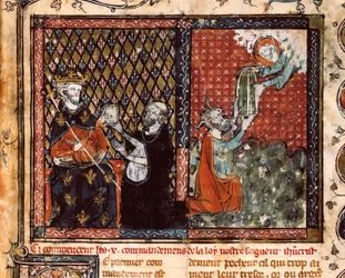 Mnich tłumacz przedstawia swoją księgę królowi Francji Filipowi III zwanemu Śmiałym (1270-1285). Miniatura zaczerpnięta z Doktryny chrześcijańskiej św. Augustyna (?)