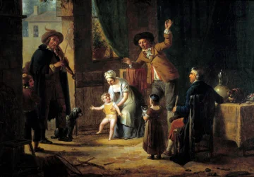 Podróżujący muzyk Skrzypek gra muzykę w drzwiach rodzinnego domu. Anonimowe malowanie. 1819 Paryż, Sztuka dekoracyjna
