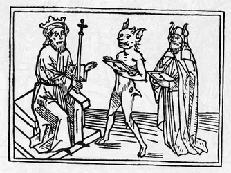 Proces Beliala: „Demon Belial przedstawia swoje referencje sędziemu Salomonowi” „Grawerowanie z „Procesu Beliala”” Jacobusa de Teramo (lub Palladino), Ausburg