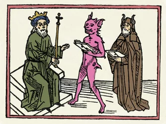 Proces Beliala: „Demon Belial przedstawia swoje listy uwierzytelniające sędziemu Salomonowi” „Rycina z dzieła ‘Proces Beliala’” autorstwa Jacobusa de Teramo (lub Palladina), Augsburg
