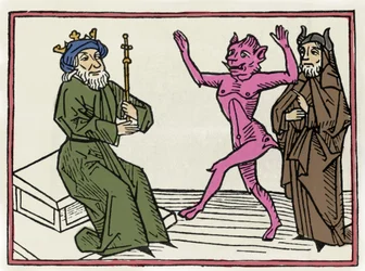 Proces Beliala: „Demon Belial tańczy przed sędzią Salomonem”. Rycina z Procesu Beliala Jacobusa de Teramo, czyli Palladina, Augsburg