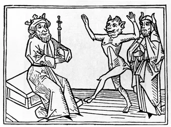 Proces Beliala: „Demon Belial tańczy przed sędzią Salomonem”. Rycina z „Procesu Beliala” Jacobusa de Teramo (lub Palladina), Augsburg