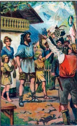 Hołd konfederatów dla Guillaume Tella (William Tell) (legendarnych bohaterów niepodległości Szwajcarii) Chromolitografia z końca XIX wieku.