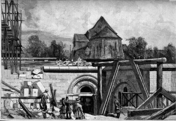 Konstrukcje podziemne kościoła Sacre Coeur na Montmartre: stary kościół. Grawerowanie w „”Le Monde Illustré””n°1300 z 25 lutego