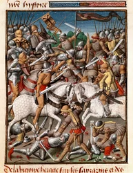 Zwycięstwo cesarza bizantyjskiego Herakliusza (Herakleios (około 575-641) nad miniaturą sarrazins w „” Le miroir historyl”” (Speculum Historiale) (ms. 1196 fol. 65 v.) Vincenta de Beauvais (1190-1264) przetłumaczony na język francuski przez Jean de Vignay