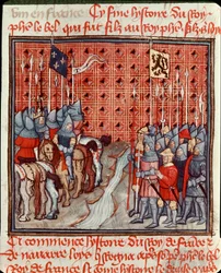 Broń Filipa IV Bela (1268-1314) na brzegu rzeki spotyka miniaturową armię wroga z „Les grandes Chroniles de France”” XIV-wieczny Chantilly, Musee Conde