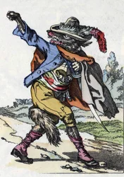 Wilk. Ilustracja do baśni „Compere le Loup, Maitre Renard, Comere la Chevre et ses petits biquets”” według bajki Jeana de la Fontaine. W „Opowieściach z domu dla najmłodszych””. Anonimowy rycina z XIX wieku.