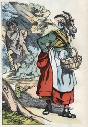 Wilk szuka kozy opuszczającej swój dom. Ilustracja do baśni „Compere le Loup, Maitre Renard, Comere la Chevre et ses petits biquets”” według bajki Jeana de la Fontaine. W „Opowieściach z domu dla najmłodszych””. Grawerowanie anonimowe