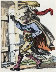 Wilk puka do drzwi bikietowego domu. Ilustracja do baśni „Compere le Loup, Maitre Renard, Comere la Chevre et ses petits biquets”” według bajki Jeana de la Fontaine. W „Opowieściach z domu dla najmłodszych””. Anonimowy grawer