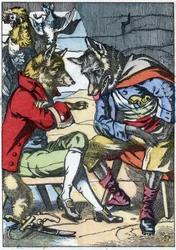Wilk ponownie spotyka lisa. Ilustracja do baśni „Compere le Loup, Maitre Renard, Comere la Chevre et ses petits biquets”” według bajki Jeana de la Fontaine. W „Opowieściach z domu dla najmłodszych””. Anonimowy rycina z XIX wieku.