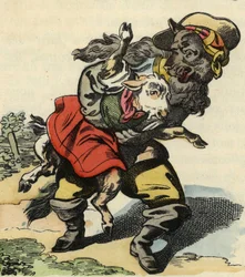 Wilk ucieka z małym dzieckiem. Ilustracja do bajki „Bon medor i mały Chevrette””. W „Opowieściach z domu dla najmłodszych””. Anonimowy rycina z XIX wieku.