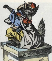 Wilk siedzi na kominie. Ilustracja do baśni „Compere le Loup, Maitre Renard, Comere la Chevre et ses petits biquets”” według bajki Jeana de la Fontaine. W „Opowieściach z domu dla najmłodszych””. Anonimowy rycina z XIX wieku.