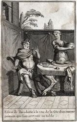 Teodoryk Wielki (ok. 454/455-526), król Gotów, przeraża się na widok głowy ogromnej ryby, która serwuje na jego stole. Grawer w redige „Beaute de l
