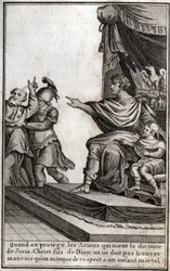 Theodosius I (Flavius Theodosius) (347-395), cesarz rzymski, kazał aresztować Amphiloque, eveque of Icone za brak szacunku dla jego syna, Arkadiusza (377-408). Eweque deklaruje: „Kiedy chronimy arian, którzy zaprzeczają boskości Jezusa Chrystusa, syna Boże