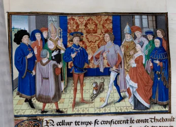 Spotykają się Thibaut III z Szampanii (1179-1201), Louis (zm. 1205), hrabia Blois i Chartres oraz Baudouin IX z Flandrii (lub Baudouin VI z Hainaut), znany jako Baudouin I z Konstantynopola (1171-1206). Miniatura w „”Chronic du temps de Herode Antipas”””