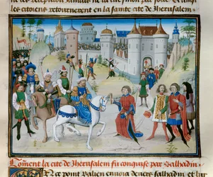 Trzecia krucjata: Zdobycie Jerozolimy, sułtan Saladyn (1138-1193), miniatura z „”Kronika abregee”” Davida Auberta