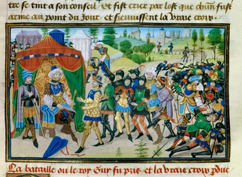 Trzecia Krucjata: utrata Krzyża Świętego w bitwie pod Hattin 4 lipca 1187 r., Miniatura z „Abregea kroniki” Davida Auberta, ok. 1450