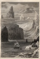 Trzecia podróż (1776-1779) kapitana Jamesa Cooka (1728-1779): Wejście księcia Williama (książę William) (Alaska) - ilustracja zaczerpnięta z „Wielkich marynarzy XVIII wieku””