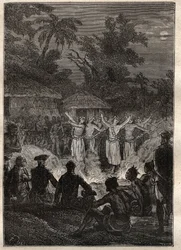 Trzecia podróż (1776-1779) kapitana Jamesa Cooka (1728-1779): uczta na wyspach Przyjaciół (Królestwo Tonga, Polinezja) - ilustracja zaczerpnięta z „Wielkich marynarzy XVIII wieku””