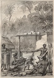 Trzecia wyprawa (1776-1779) kapitana Jamesa Cooka (1728-1779): ofiara z ludzi na Tahiti - ilustracja zaczerpnięta z „Wielkich marynarzy XVIII wieku””