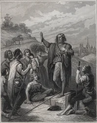 Thomas Muntzer Preaching - Thomas Muntzer (Munzer) (1489-1525) nauczający swojej doktryny - Grawerowanie w „Les Fastes Populaires, ou Histoire des heroic deeds du peuple et de son influence sur les sciences, les arts, l