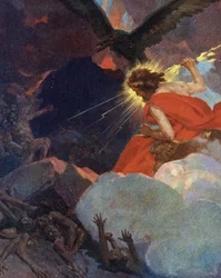 Tytanomachia: przedstawienie Zeusa triumfującego nad tytanami (Tytanomachia lub Tytanomachia: Zeus i Olimpijczycy zwyciężają tytanów) Rycina z "Moich pięknych opowieści mitologicznych" HS Bresa, początek XX wieku, kolekcja prywatna