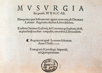 Strona tytułowa praktycznego podręcznika muzyki Musurgii (1536)
