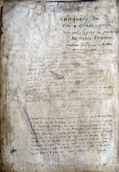 Strona tytułowa rękopisu: Conquest of the Saint Gréal, napisany 717 lat po męce naszego Pana. Bibliotheque Municipale de Rennes, ms. 255 (Zbiór powieści Okrągłego Stołu); Paryż