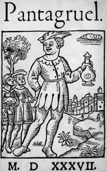 Strona tytułowa wydania Pantagruela z 1537 r., autorstwa Francois Rabelais - Olbrzymi Pantagruel i dwóch jego apostołów, z „Uczniostwa Pantagruela”