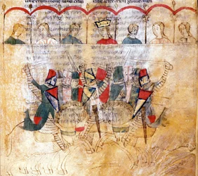 Scena turniejowa według rękopisu „Lancelot du Lac”, XIII wiek. Biblioteca Nazionale Marciana, Wenecja.