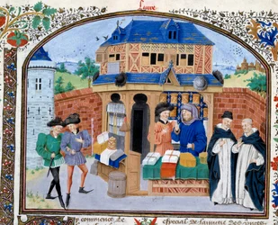 Handel: sklep kupiecki. Miniatura z rękopisu „Komentarz do etyki” greckiego filozofa Arystotelesa (383-322 p.n.e.) w przekładzie Nicolasa Oresme (1325-1382)