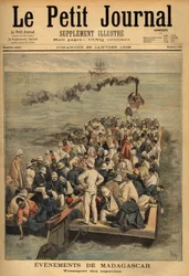 Transport rannych drapieżników z Madagaskaru. Grawerowanie w „”Le petit journal”” 26.01.201896. Kolekcja Selvy.