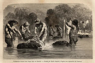 Podróżnicy piorący brudną bieliznę w rzece, wraz z peonami boliwijskimi, w okolicach Maniri (Dolne Peru). Engravure pour illustrrer le voyage dans les vallees de Quinquinas, Paul Marcoy, w latach 1849-1861, opublikowany w „Le tour du monde”” 18
