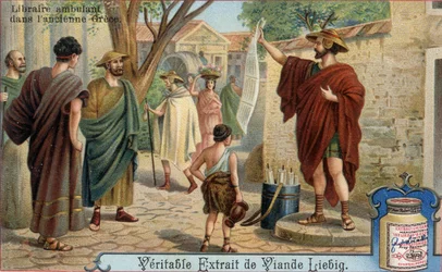 Podróżujący księgarz w starożytnej Grecji. Chromolitografia, obraz Liebiga.