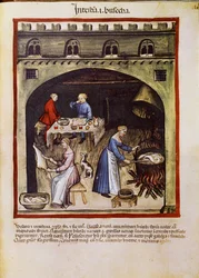 Traktuj lekarstwo: „”gotowanie wnętrzności i wnętrzności zwierząt”””. Strona zaczerpnięta z „”Tacuinum sanitatis”” (Cod. ser. nov. 2644) Około 1400 Wiedeń, Osterreichische Nationalbibliothek