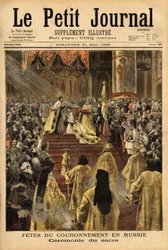 Car Mikołaj II (1868-1918), w katedrze Wniebowzięcia NMP (Moskwa), koronuje swoją żonę Aleksandrę Fiodorowną (1872-1918). Grawer w „”Le petit journal”” 31.05.1896. Kolekcja Selvy.