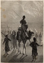 Więźniowie tureccy wywiezieni do Teheranu w celu handlu urazami lub wymiany na innych więźniów. Rycina ilustrująca historię Henri de Blocqueville „14 mois de captivite chez les turcomans” w latach 1860-1861 w „Le tour du mo