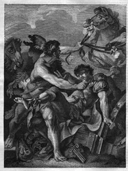 Dwanaście dzieł Herkulesa: Diomede zabija Herkulesa i zjada własne konie. grawerowanie po obrazie Jean-Baptiste-Marie (Jean Baptiste Marie) Peter. (1714-1789)