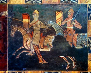 Dwóch rycerzy z boku siateczki idących na bitwę Detal dekoracji skrzynki ślubnej przedstawiający sceny z życia majestatycznego. XIV lub XV wiek. Vannes, muzeum Vannes