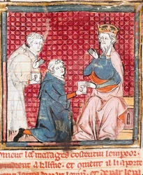 Dwóch posłańców ogłasza w Karolu Wielkim (742-814) zwycięstwo nad miniaturowymi Saracenami z „Grandes Chronicles de France”” 1375-1379 Biblioteka Miejska, Castres