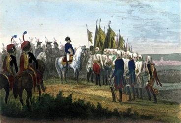 Poddanie się Ulm. 20.10.1805. Armia austriacka pokonała wojska Napoleona. Rycina XIX wieku.