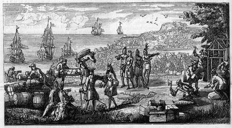 Odkorkowanie dostaw we francuskich koloniach Ameryki. Rysunek piórkiem umieszcza głowę wspomnień Vaubana o „Koloniach”” w rękopisie jego „Oisivetes”” zachowanym w Depot des Fortifications. Grawerowanie w „” La Nature: revue des sciences et d