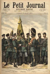 Mundury piechoty rosyjskiej, sprzymierzonej z Francją, od lewej do prawej: pogranicznik, sierżant major gwardii, pułk Pawłowskiego, oficer, przełożony, grenadier pałacowy, mundur artyleryjski i żołnierz. Grawerowanie