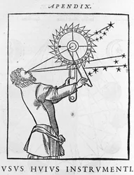 Wykorzystanie urządzenia do obliczania czasu w odniesieniu do gwiazd w nocy (astrolabium) - Cosmographia de Pietro Apiano, Paryż 1551.