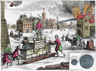 Użycie pompy pożarniczej przez straż pożarną. Grawer z „”Theatrum Machinarum novum”” Georga Andreasa Bocklera (1644-1698)