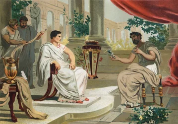 Wespazjan (po łacinie Titus Flavius Vespasianus) z Pliniuszem Starszym. po słynnych hombres y Mujeres. Barcelona 1877. Pliniusz Starszy (23-79) -